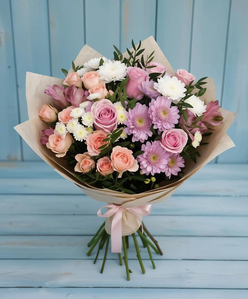 Букет цветов из: Хризантемы, Розы и Альстромерии в Куликовых Копанях