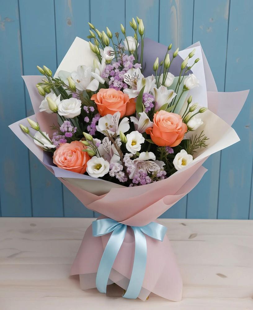 Букет цветов из: Лизиантусы, Розы, Альстромерии и Гипсофила в Куликовых Копанях