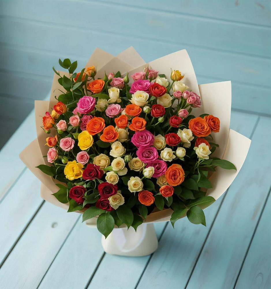 Букет Микс из разноцветных кустовых роз в Куликовых Копанях