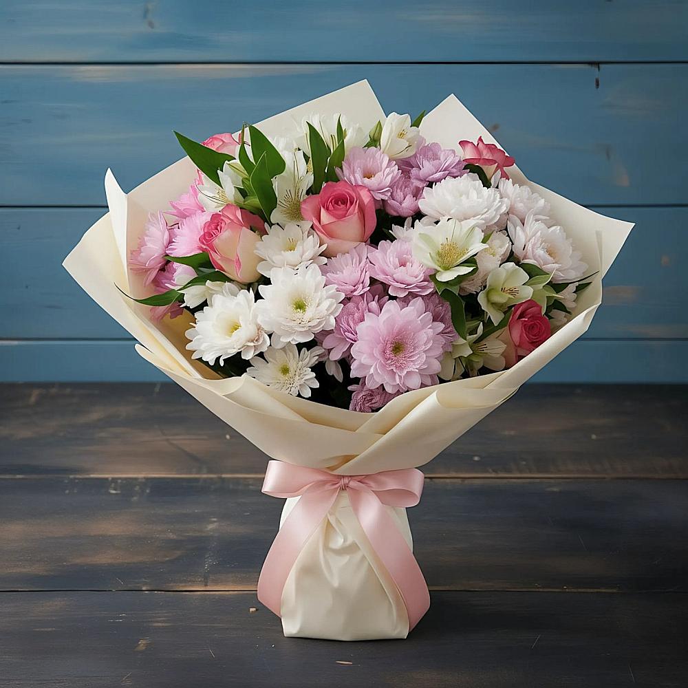 Букет цветов из: Хризантемы, Альстромерии и Розы в Куликовых Копанях